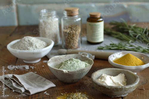 Natural skincare ingredients on rustic wooden table, emphasizing purity and simplicity.