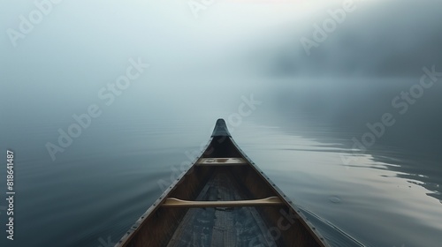Gliding silently through a mist-covered lake in a traditional wooden canoe. photo