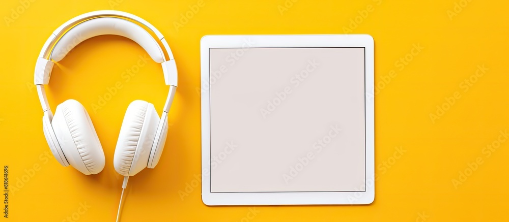 On a yellow background there is a flat top view of a tablet with white headphones and microphone allowing for copy space in the layout On a yellow background there is a flat top view of a tablet with white headphones and microphone allowing for copy space in the layout