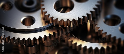 A close up image showcasing the intricate details of steel gears providing ample copy space