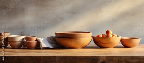 In the kitchen there is a table with a stack of wooden bowls placed on top providing a picturesque copy space image