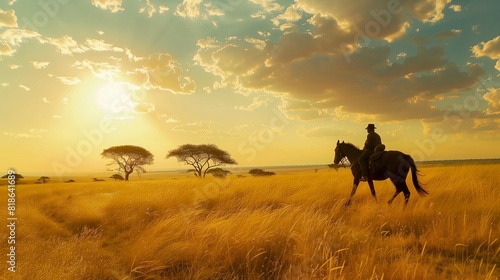 Horseback riding through a golden savannah with acacia trees dotting the landscape.