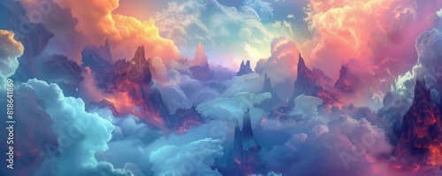 A surreal abstract landscape of floating mountains and ethereal clouds, with vibrant colors and otherworldly lighting photo