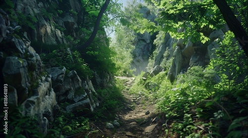 Mountain biking along a rugged trail with towering cliffs and lush greenery.