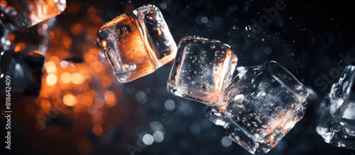 A dark background highlights a macro close up of bubbles trapped in an ice cube offering ample copy space for any desired text or image photo