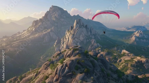 Paragliding over a rugged mountain range, with panoramic views stretching for miles.