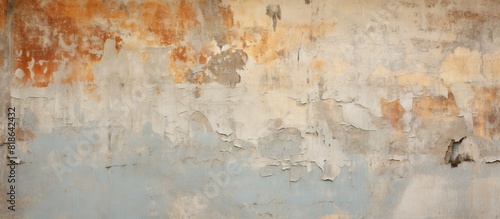 An aged wall adorned with faded paint and remnants of peeling colors offers a captivating copy space image