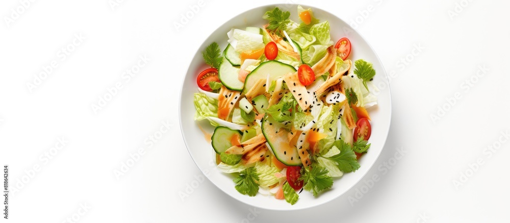 A top down view of a healthy Chinese cabbage salad situated on a white background with ample copy space for additional elements A top down view of a healthy Chinese cabbage salad situated on a white background with ample copy space for additional elements