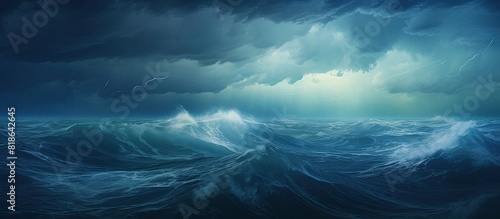 Dramatic stormy weather over the ocean with dark clouds and crashing waves Copy space image