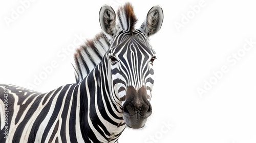 Portrait of a zebra  looking at camera. on white background. Wild animals' protection concept.  Selective focus. Copy space. Place for text. Generative AI.