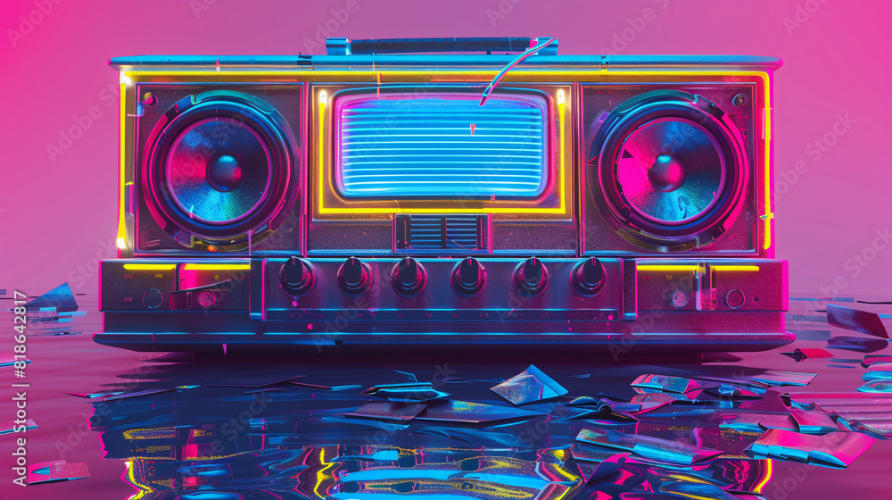 Fototapeta premium Bright, colorful, retro 3D Boombox illustration. 