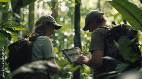 Scientists conducting field research in a remote jungle, working together to document rare species.