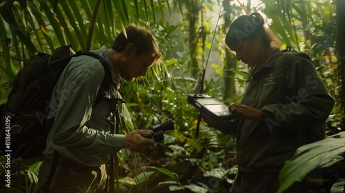 Scientists conducting field research in a remote jungle, working together to document rare species.