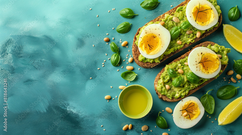 Avocado Egg Toast, Eggs on Toasted Bread with Avocado, Healthy Snack or Breakfast on Bright Background.
