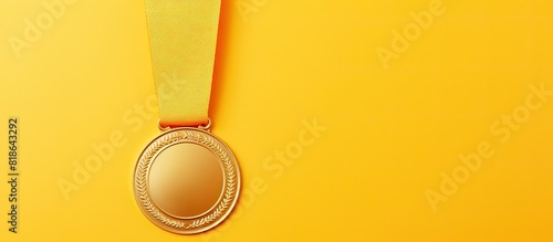 The golden medal is placed on a yellow background in a flat lay style creating copy space for additional content