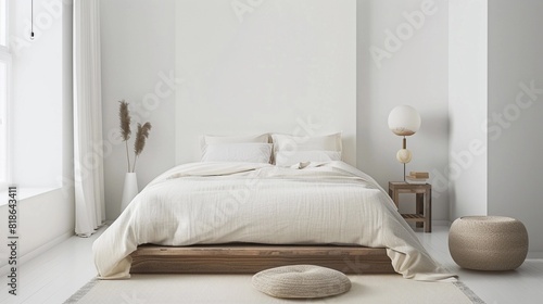Minimalist Bedroom with white walls, a low-profile bed, simple bedding, and minimal decor