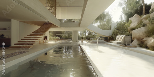 Grandiose moderne weiße Designer Einrichtung mit Pool, ai generativ