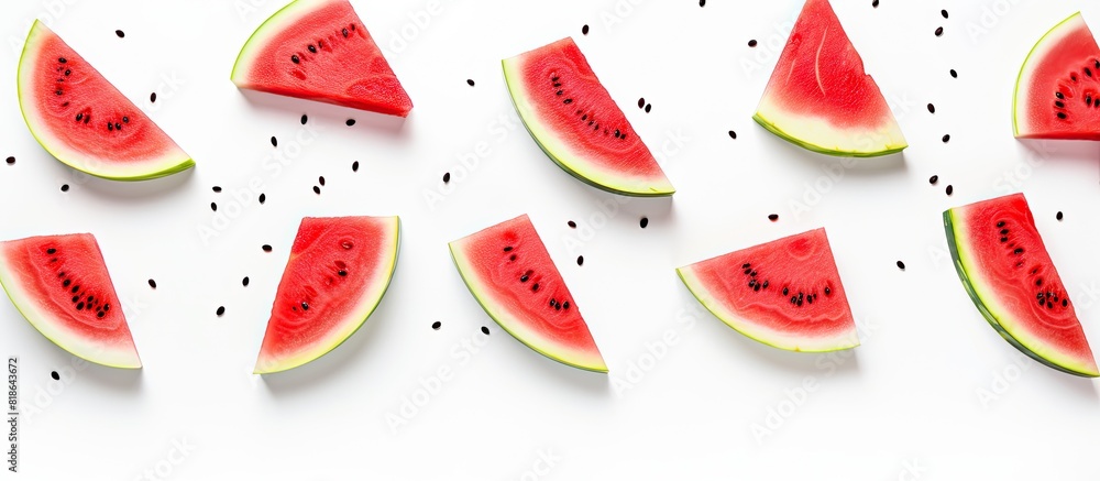 From above there is a copy space image of fresh red watermelon slices on a white background From above there is a copy space image of fresh red watermelon slices on a white background