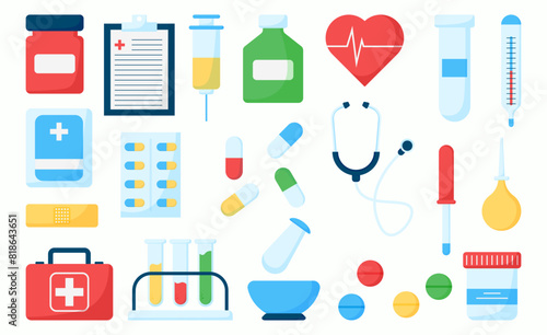 Healthcare first aid kit medical equipment icon sticker medicine collection illustration