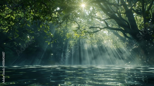 Sunlight filters through the canopy above  dappling the water s surface with shifting patterns of light and shadow.