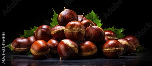 Copy space image of chestnuts in their shells displayed on a blackboard