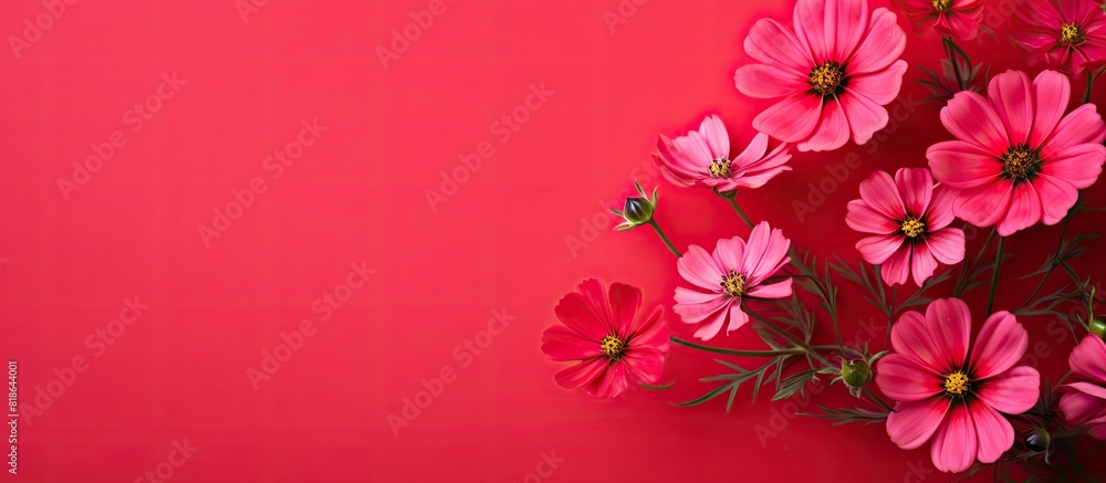 Fototapeta premium A visually appealing copy space image consists of adorable pink flowers placed on a vibrant red backdrop