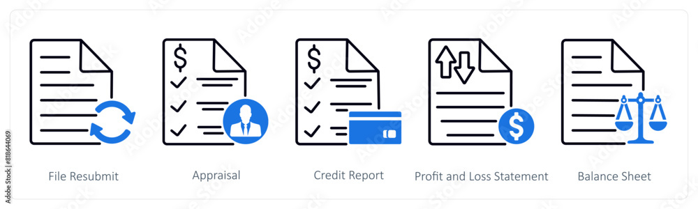 A set of 5 Banking icons as file resubmit, appraisal, credit report, profit and loss statement