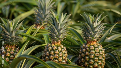 Ripe pineapple fruit ready to harvest in modern organic farming field.