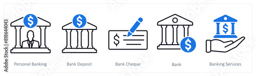 A set of 5 Banking icons as personal banking, bank deposit, bank cheque