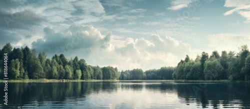 A serene lake and forest with a picturesque view of arched clouds captured in a copy space image