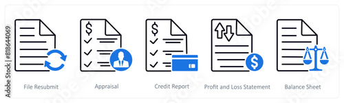 A set of 5 Banking icons as file resubmit, appraisal, credit report, profit and loss statement