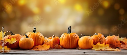 Autumnal leaves create a backdrop for pumpkins in the copy space image