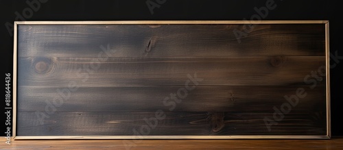 There is a small blackboard on a wooden table with a blank surface isolated in a copy space image