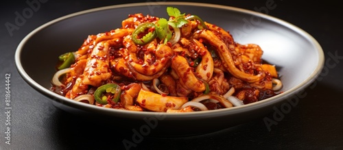 A Korean style dish of Asian squid stir fried with roasted chili paste resulting in a spicy and flavorful copy space image