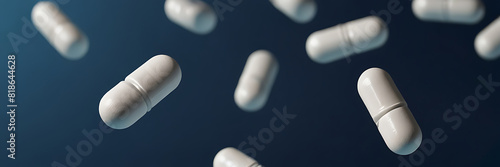 Medical tablets and capsules floating in the air on a blue background. medical emergency kit bag concept patient and accident photo