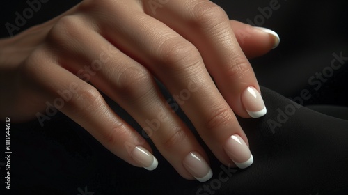 The sophistication of a white woman's hand adorned with classic French tip nail polish, exuding timeless elegance.