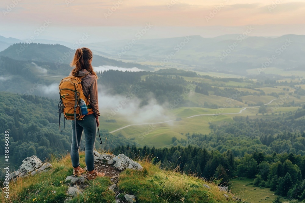 A woman on top of a lush green mountain gazing at a beautiful valley view shrouded in mist at sunrise, hiking travel.