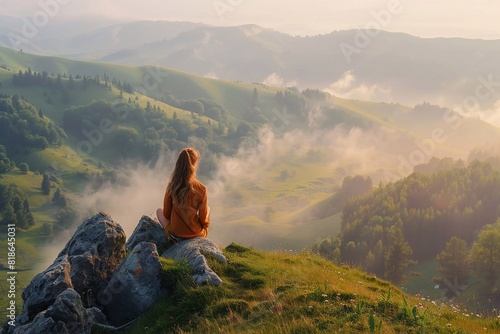 A woman on top of a lush green mountain gazing at a beautiful valley view shrouded in mist at sunrise, hiking travel.