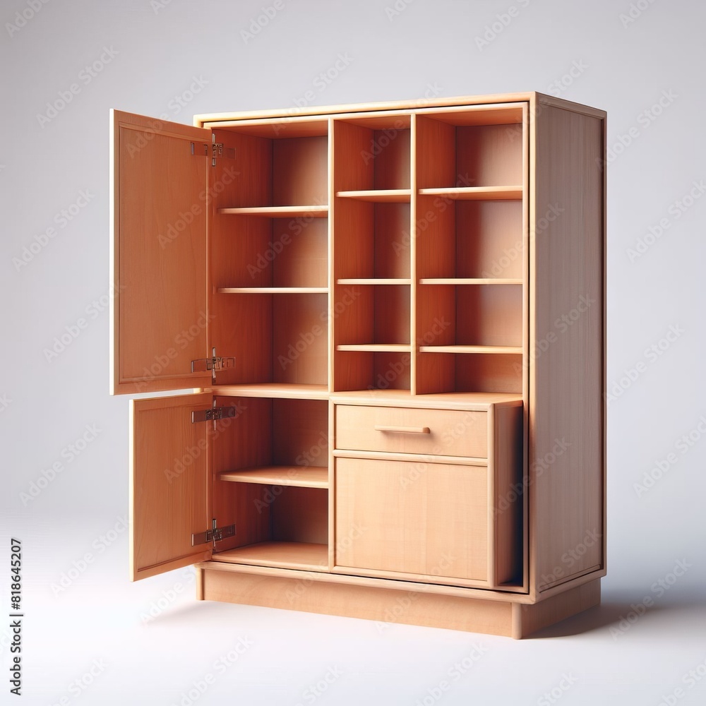 Isolated 3D rendering of a wooden wardrobe with empty shelves, perfect for showcasing furniture design Isolated 3D rendering of a wooden wardrobe with empty shelves, perfect for showcasing furniture design