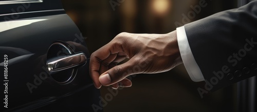 Closeup copy space image of a man s hand in formal attire delicately opening a car door by gripping the handle