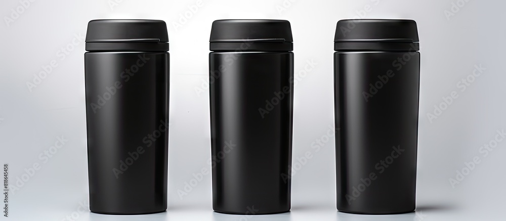 A clean black thermos cup with a black lid providing copy space for text on its blank surface The cup is isolated on a transparent background allowing for different shooting angles A set of three pho A clean black thermos cup with a black lid providing copy space for text on its blank surface The cup is isolated on a transparent background allowing for different shooting angles A set of three pho