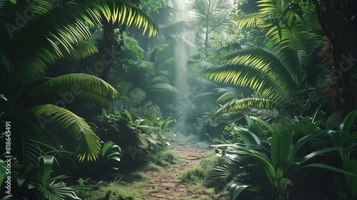 Trekking through a dense tropical rainforest  with exotic birds and lush vegetation.