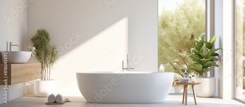 Copy space image of a bright and inviting bathroom with a freestanding bathtub basking in natural sunlight