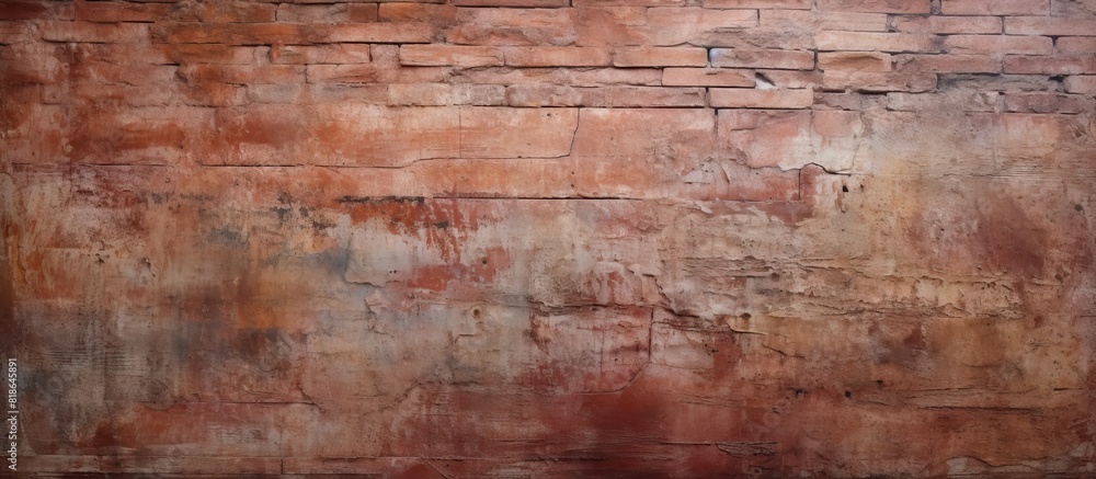 Fototapeta premium Horizontal copy space image of an aged crimson brick wall with an irregular surface set in contrast with a weathered cement backdrop