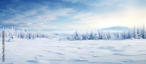 Copy space image of a picturesque winter scene featuring a serene snowy ground with intricate wind carved patterns offering a wide panoramic texture ideal for backgrounds and designs 177 characters