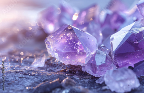 Closeup of purple amethyst crystals, shining under the soft light. The crystal is in sharp focus against an out-of-focus background. Created with Ai