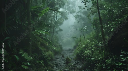 Trekking through a misty rainforest  with exotic birdsong filling the air.