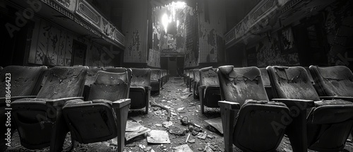 Black and white abandoned theater with broken seats and debris on the floor, showing decay and urban exploration. photo