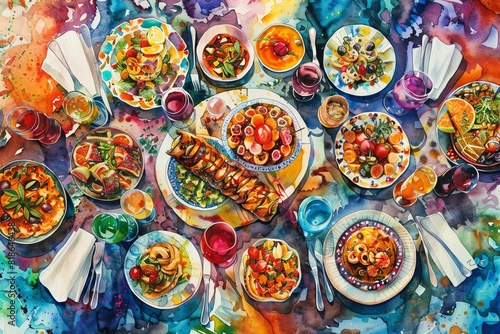 Capture an aerial view of exquisite gourmet dishes laid out in a colorful  vibrant pattern  resembling a culinary masterpiece  using vibrant watercolors with intricate details