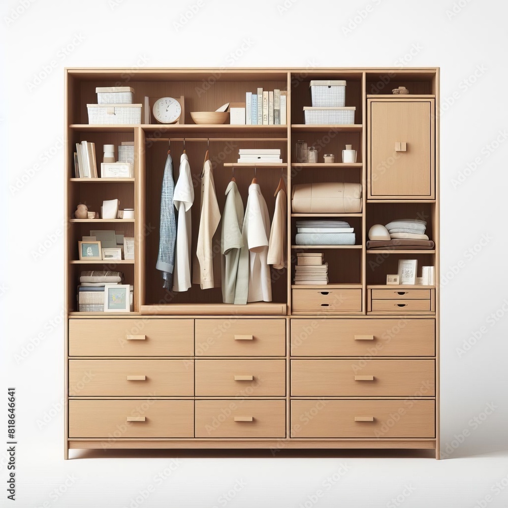 A matching set of brown wooden drawers and cabinets for bedroom storage A matching set of brown wooden drawers and cabinets for bedroom storage